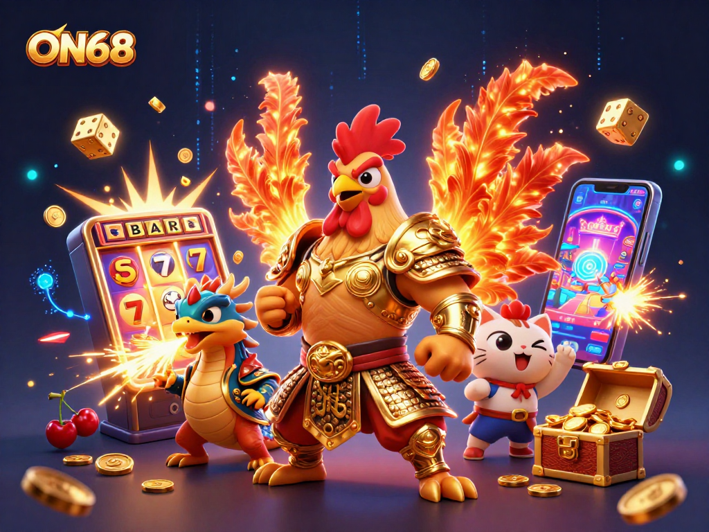 Experience thrilling gaming action with ON68's cartoon characters amidst a vibrant casino scene.