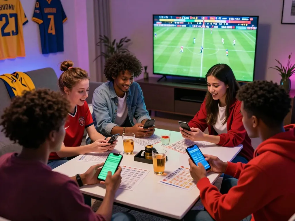 Group of friends engaged in sports betting, placing bets on reputable trang cá độ bóng đá uy tín during football match.