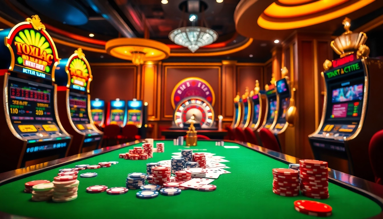 Experience the excitement of gambling with xoilac in a lively casino filled with poker chips and slot machines.