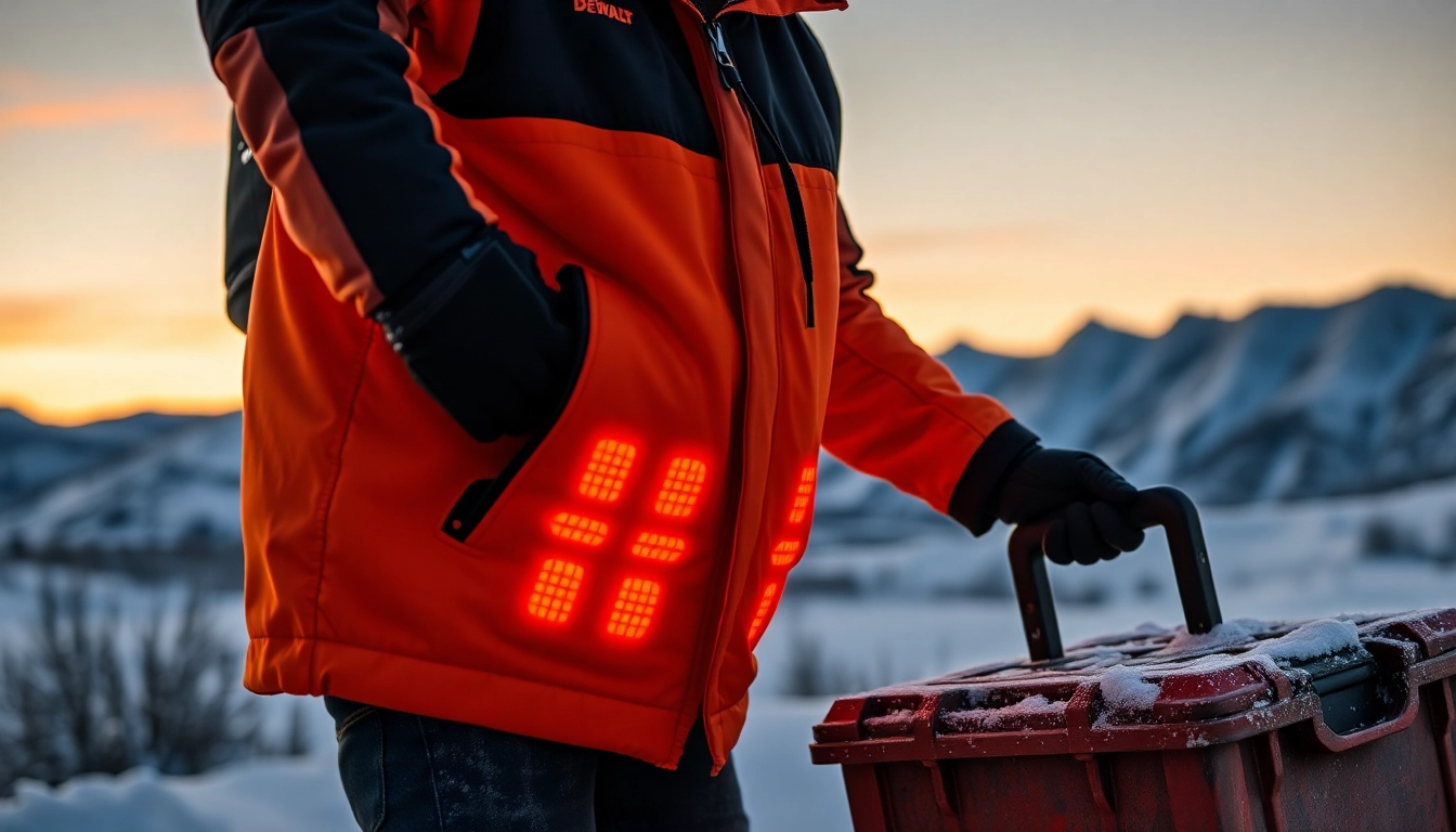 Man wearing a DeWalt heated jacket outdoors, showcasing warmth and durability in cold conditions.