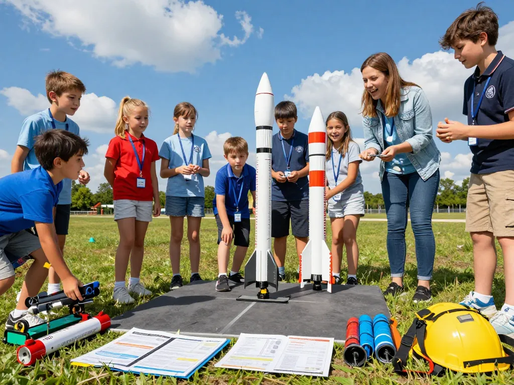 Children preparing model rocket motors for an outdoor launch.