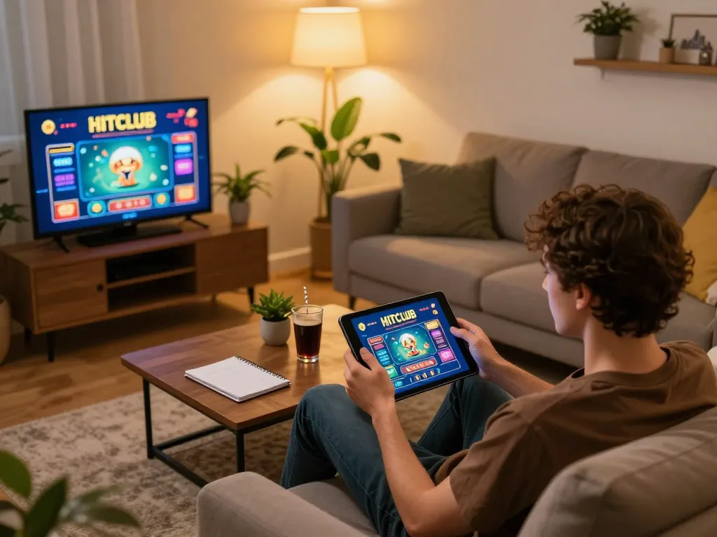Online gaming at HitClub with tablet and drinks in a cozy living room setting.