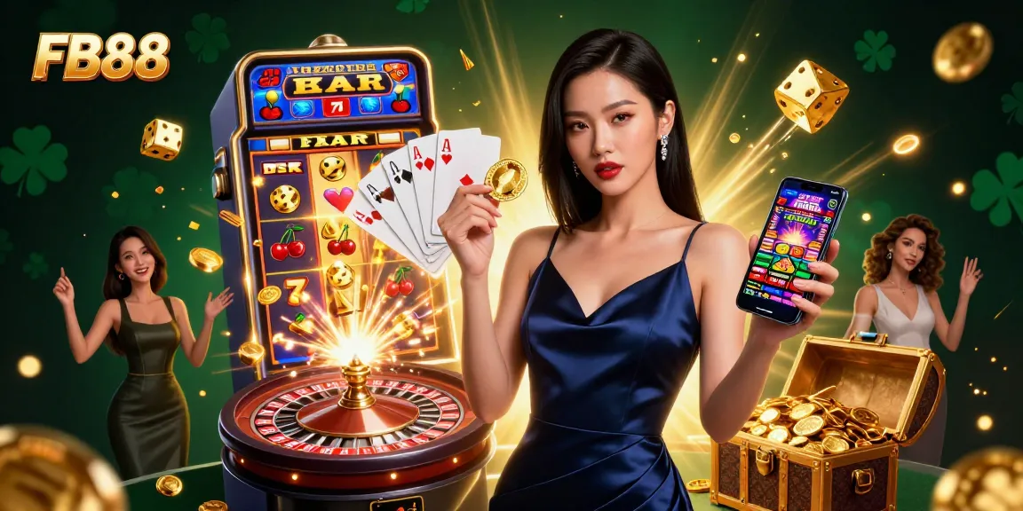 Experience the thrill of FB88 with a stunning Asian woman showcasing casino excitement amidst jackpot elements.