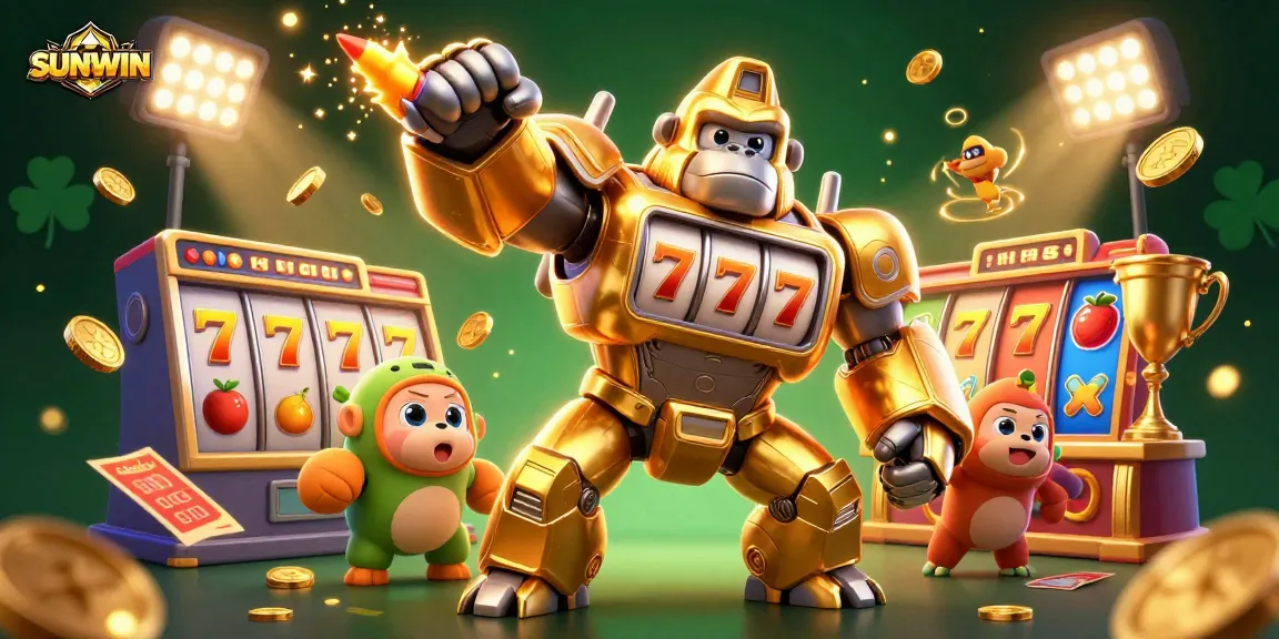 SUNWIN's golden gorilla mech surrounded by dynamic slot game elements showcasing an exciting casino experience.