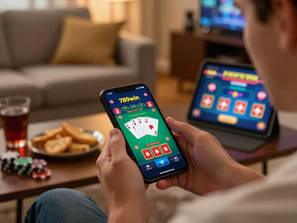 Engaging with 789win mobile app for poker gameplay in a cozy home setting.