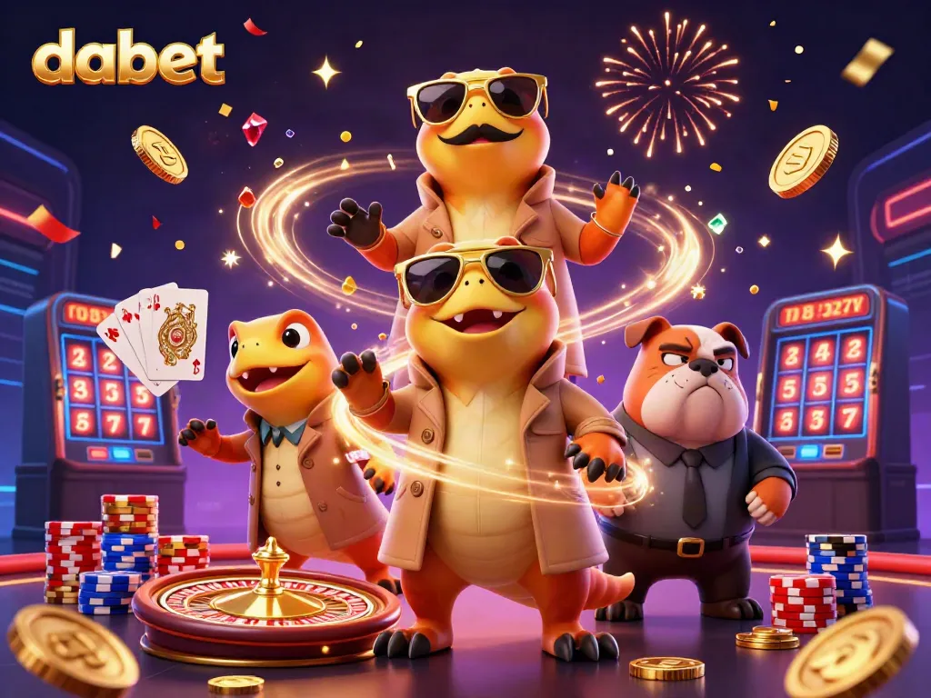 Bet on Dabet's thrilling casino experience with cartoon raptors vying for VIP access amid a whirlwind of coins.
