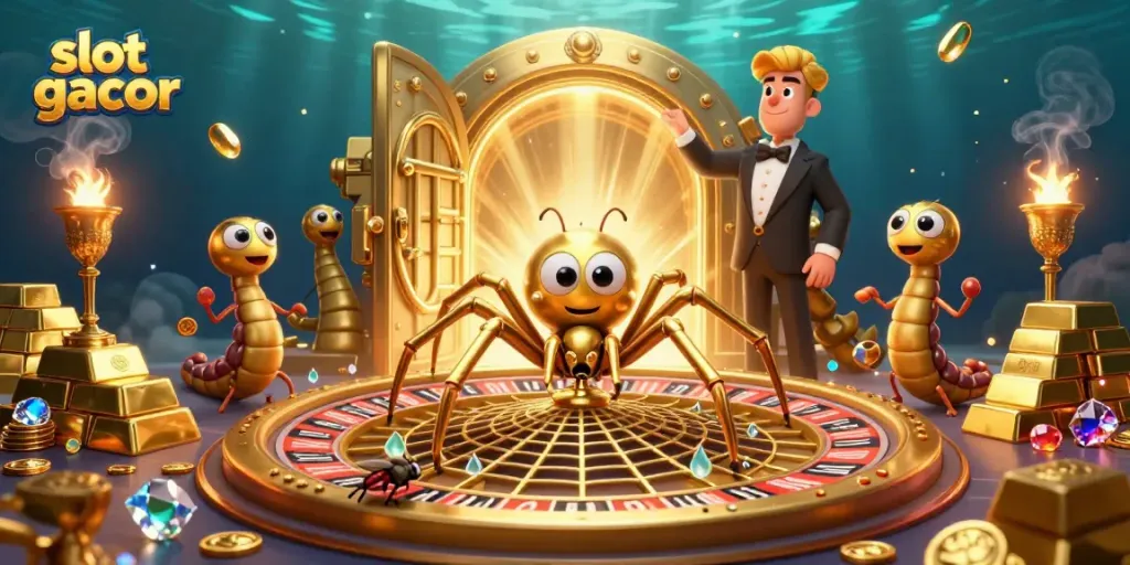 Engage with slot gacor excitement as a golden spider spins a roulette wheel web amidst treasure.