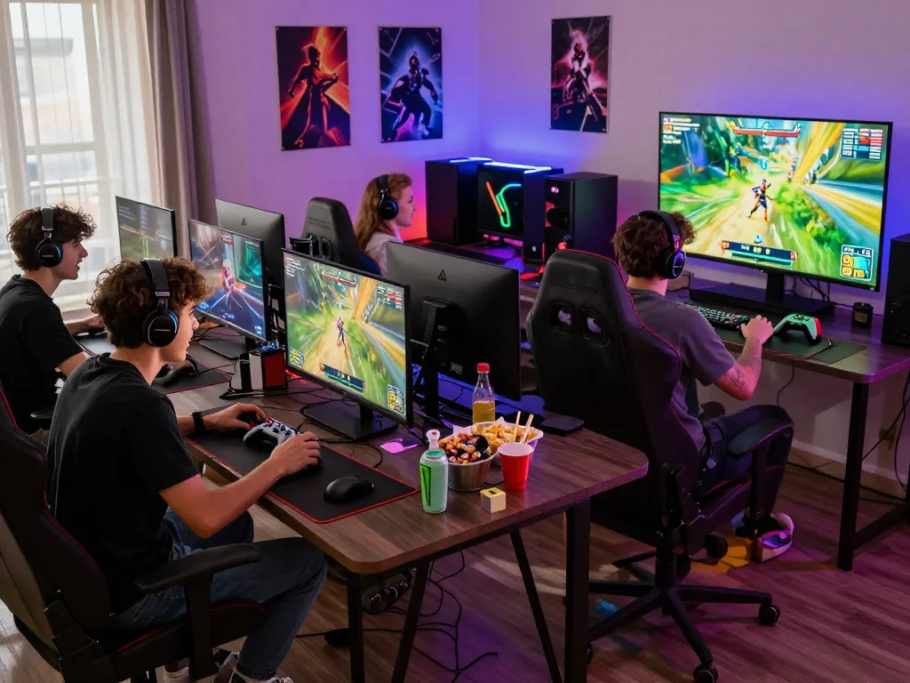 Young gamers enjoying multiplayer online experience at https://gem88.com.mx/ with vivid LED ambiance and engaging gameplay.