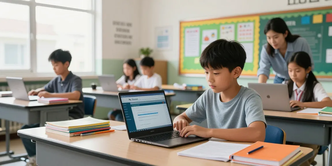 Student using my school login on a laptop in bright classroom.