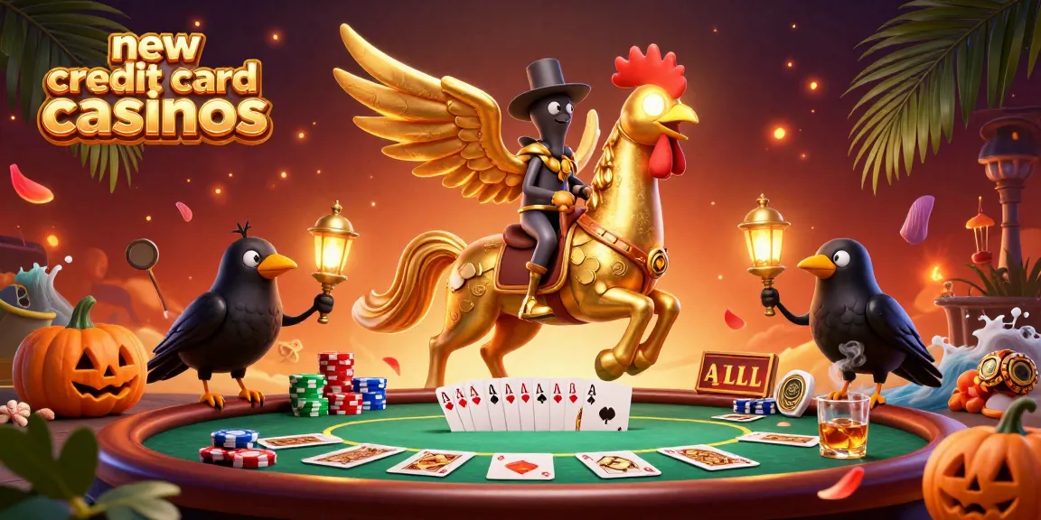 Experience excitement at new credit card casinos with a vibrant 3D casino scene featuring a golden rooster and poker elements.