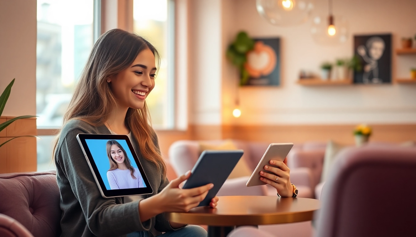 Engaging scene of a young woman interacting with her AI girlfriend on a tablet in a cozy café.