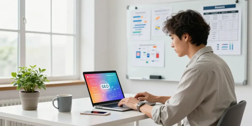 Professional workspace showcasing instant indexing tools on a laptop, SEO materials on a desk.