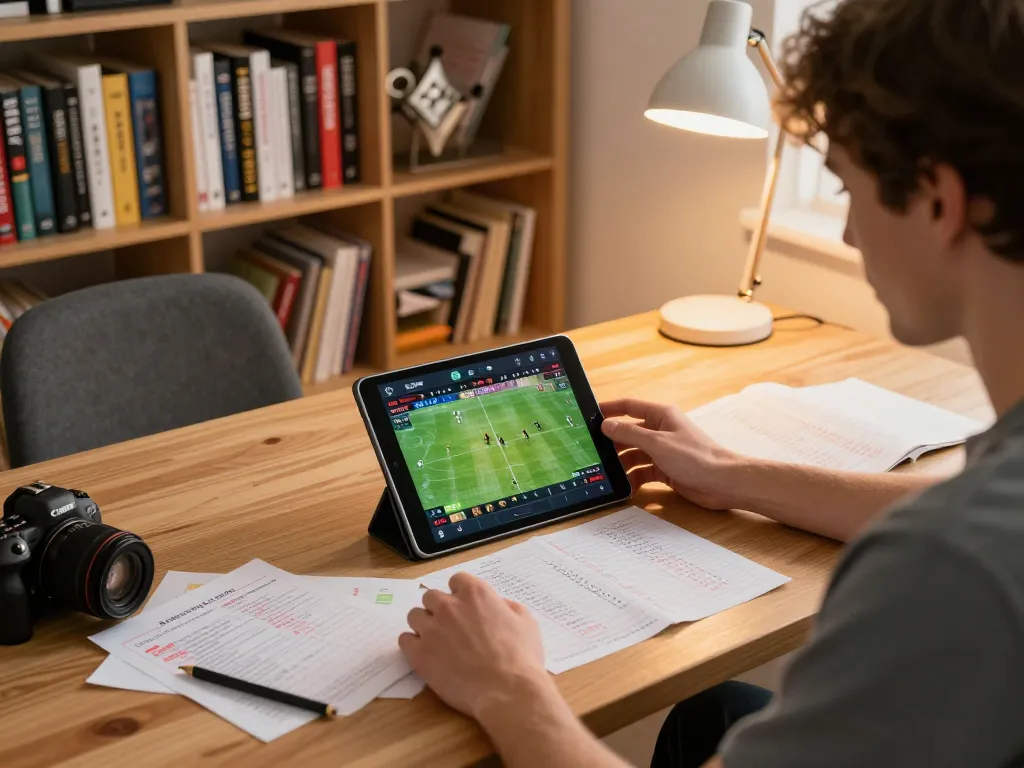 Xo88 player engaging with sports betting app on tablet, surrounded by strategy notes in cozy home setup