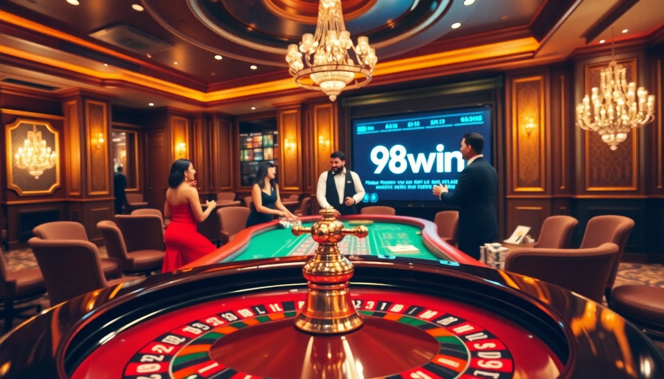Experience the thrill of winning at 98win with an enticing casino scene filled with roulette, poker chips, and players.