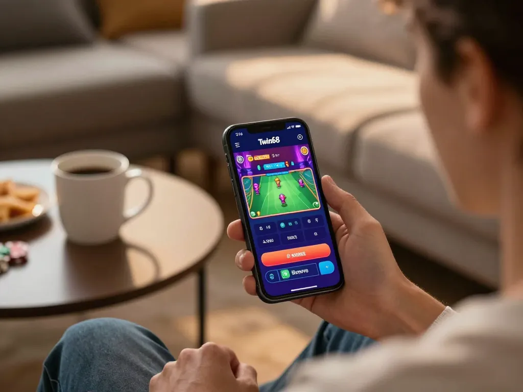 Twin68 user enjoying mobile casino game on smartphone, vibrant gameplay display, cozy atmosphere