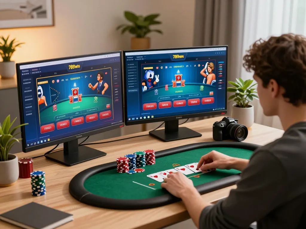 Engaging player strategizing in the 789win game during an online poker session at home.