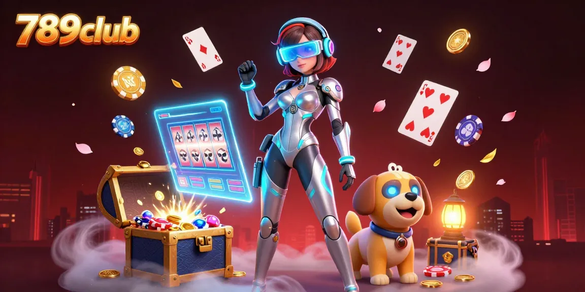 Engage with thrilling gameplay at 789club, featuring a futuristic female character and a robot dog amidst vibrant casino elements.