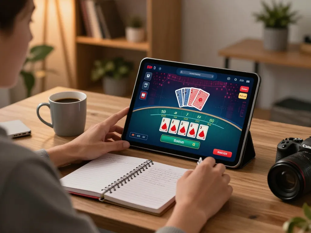 Engaging in live dealer blackjack on bong88 with strategic notes visible, creating a cozy gaming atmosphere.