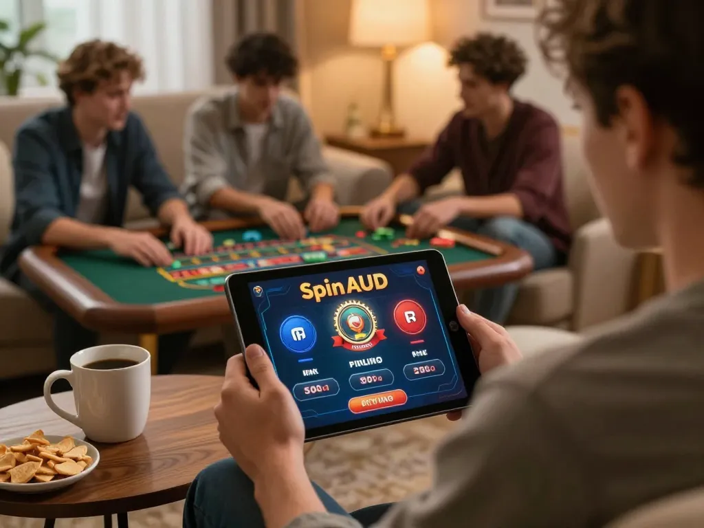 Players enjoying Spin AUD online casino gaming experience in a cozy home setup with tablet and snacks.