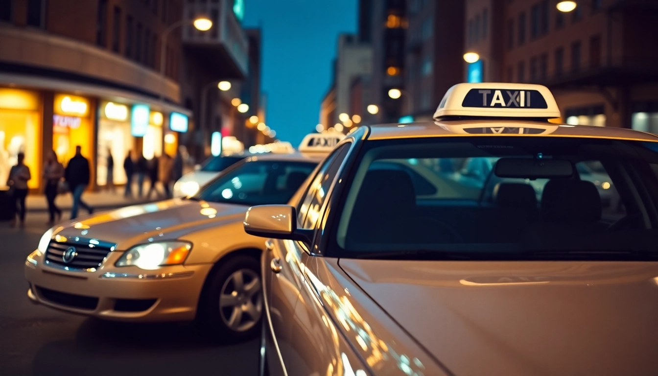 Cabs parked in an urban setting, showcasing vibrant city life and street ambiance.