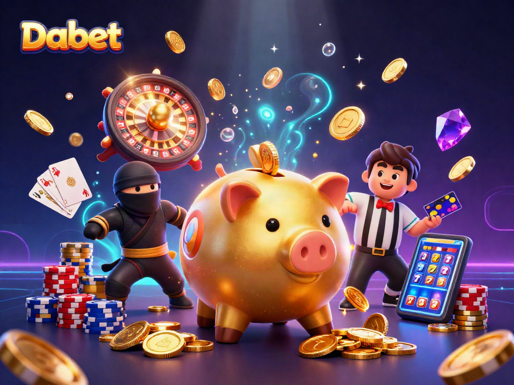 Dabet engages players with a lively casino scene featuring a golden piggy bank sumo wrestler.