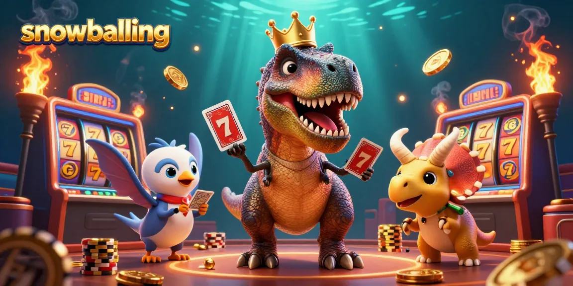 Engaging snowballing-themed casino scene with T-Rex shuffling cards and triceratops stacking chips.