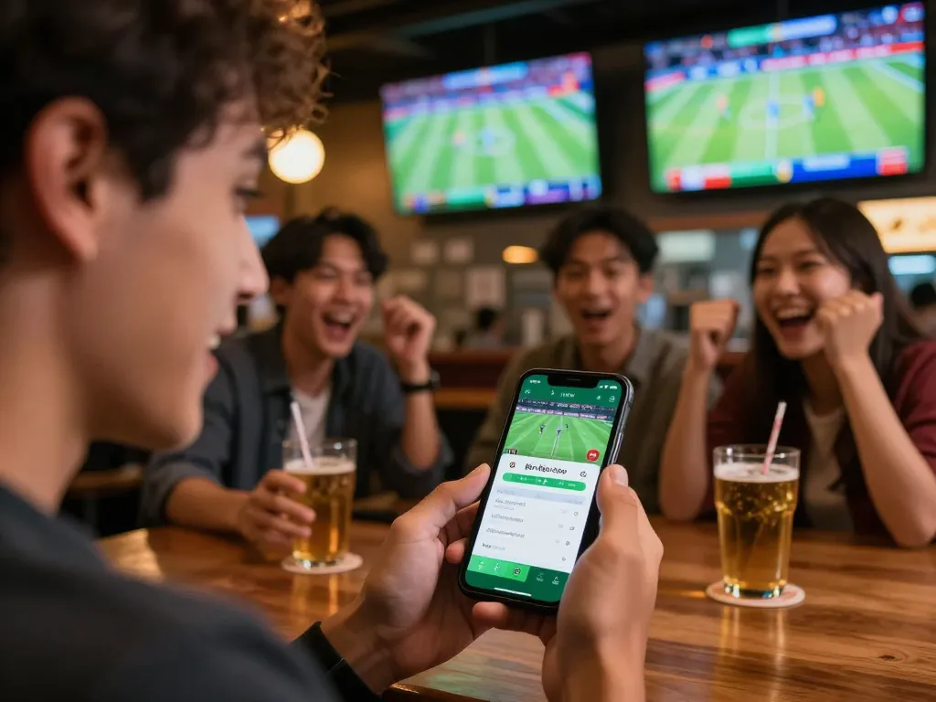 Kèo nhà cái updates displayed on smartphone during a lively sports betting session with friends.