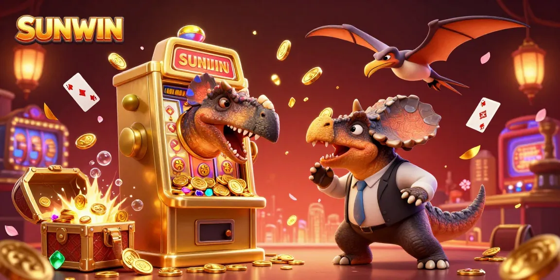 SUNWIN's pachycephalosaurus striking a golden jackpot slot machine, creating an energetic casino scene.