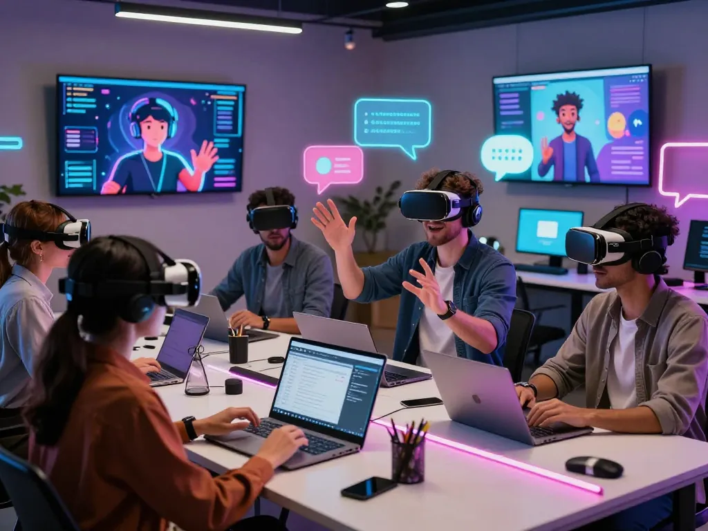 Engaging virtual reality chat experience depicting spicy ai interactions among diverse participants in a modern tech workspace.