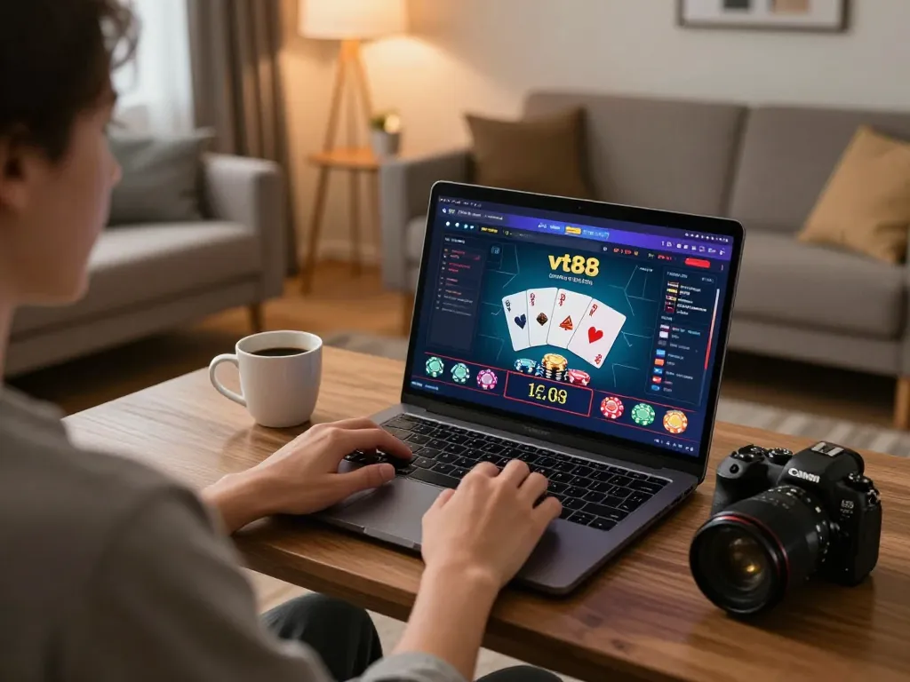 Player enjoying vt88 online casino on laptop in a cozy home environment with strategic gameplay.