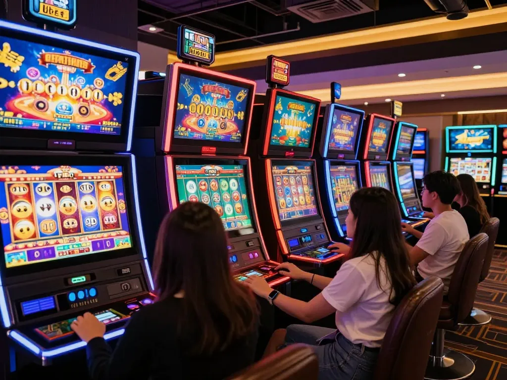 Players enjoying thrilling online slot games at 8kbet with vibrant digital displays and cozy atmosphere.