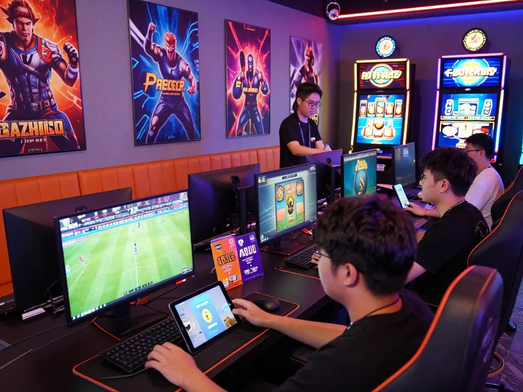 Exciting gaming lounge at https://az888.africa/ showcasing various online games, vibrant atmosphere, and enthusiastic players.