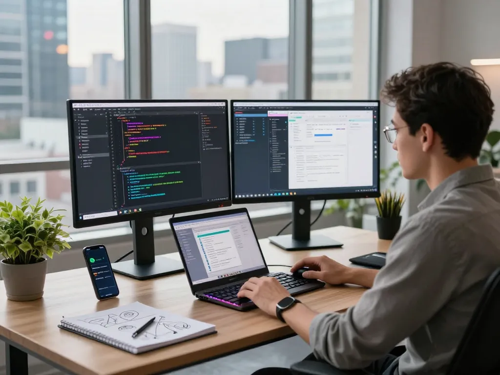 Developer using clawdbot in a modern workspace with dual screens showing code, smartphone notifications, and a comfortable office atmosphere.