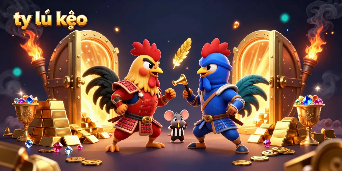 Engage with tỷ lệ kèo in this vibrant illustration featuring epic roosters in combat amid a treasure trove.