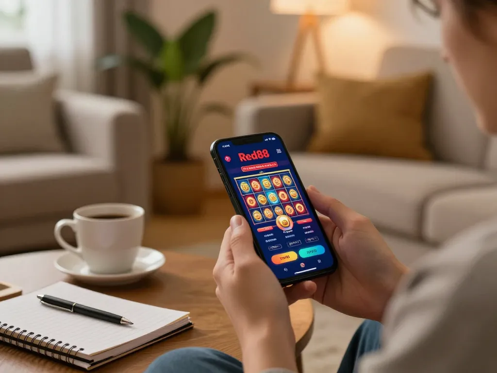 Player exploring Red88's casino app on their smartphone in a cozy home setting