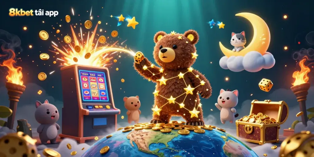 Experience exhilarating jackpots with 8xbet tải app illustrated with a constellation bear and vibrant casino elements.