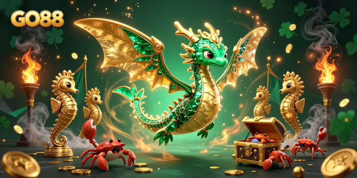 GO88 players winning big in an enchanting casino scene, featuring a majestic sea dragon and vibrant treasures.
