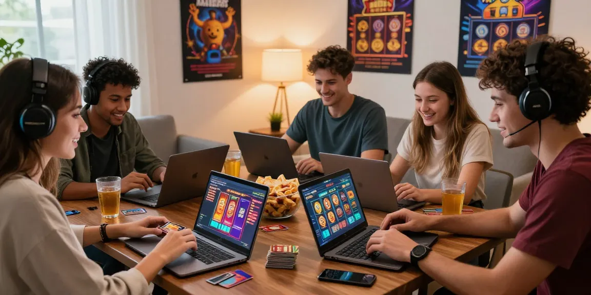 Friends enjoying a gaming night at home with laptops showing credit card casinos.