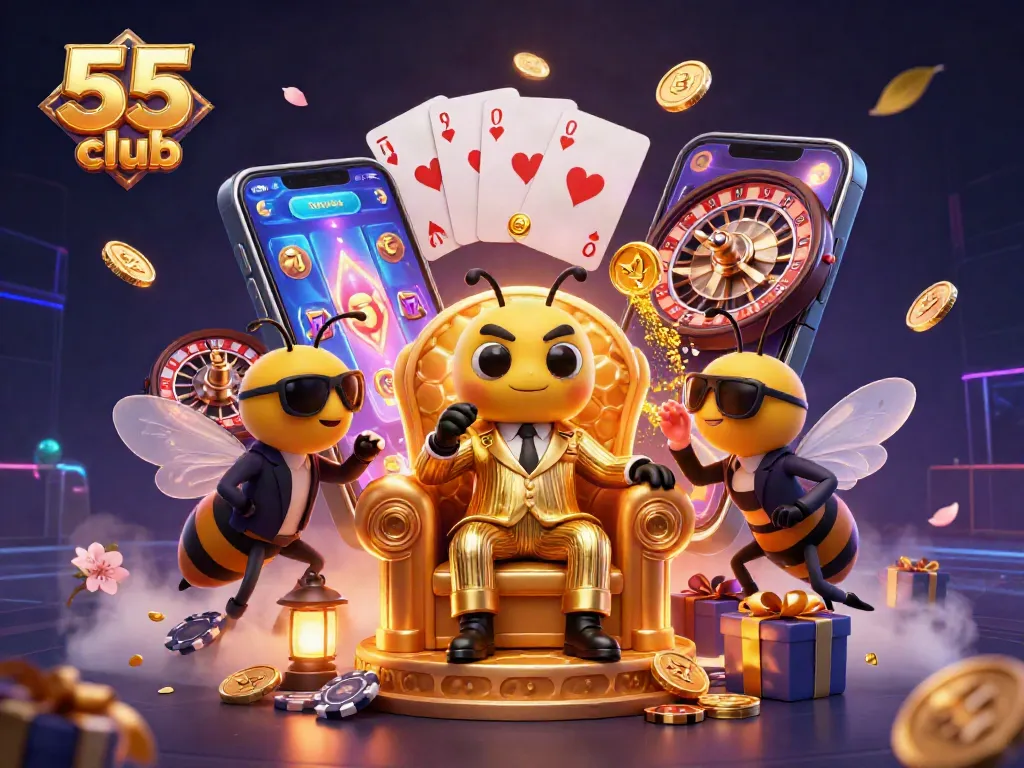 Engage with 55 club's thrilling gaming experience featuring colorful slots and vibrant casino elements.