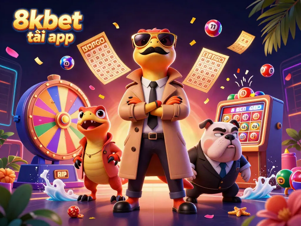 Experience the fun of 8xbet tải app with cartoon raptors at a casino, in a vibrant scene.
