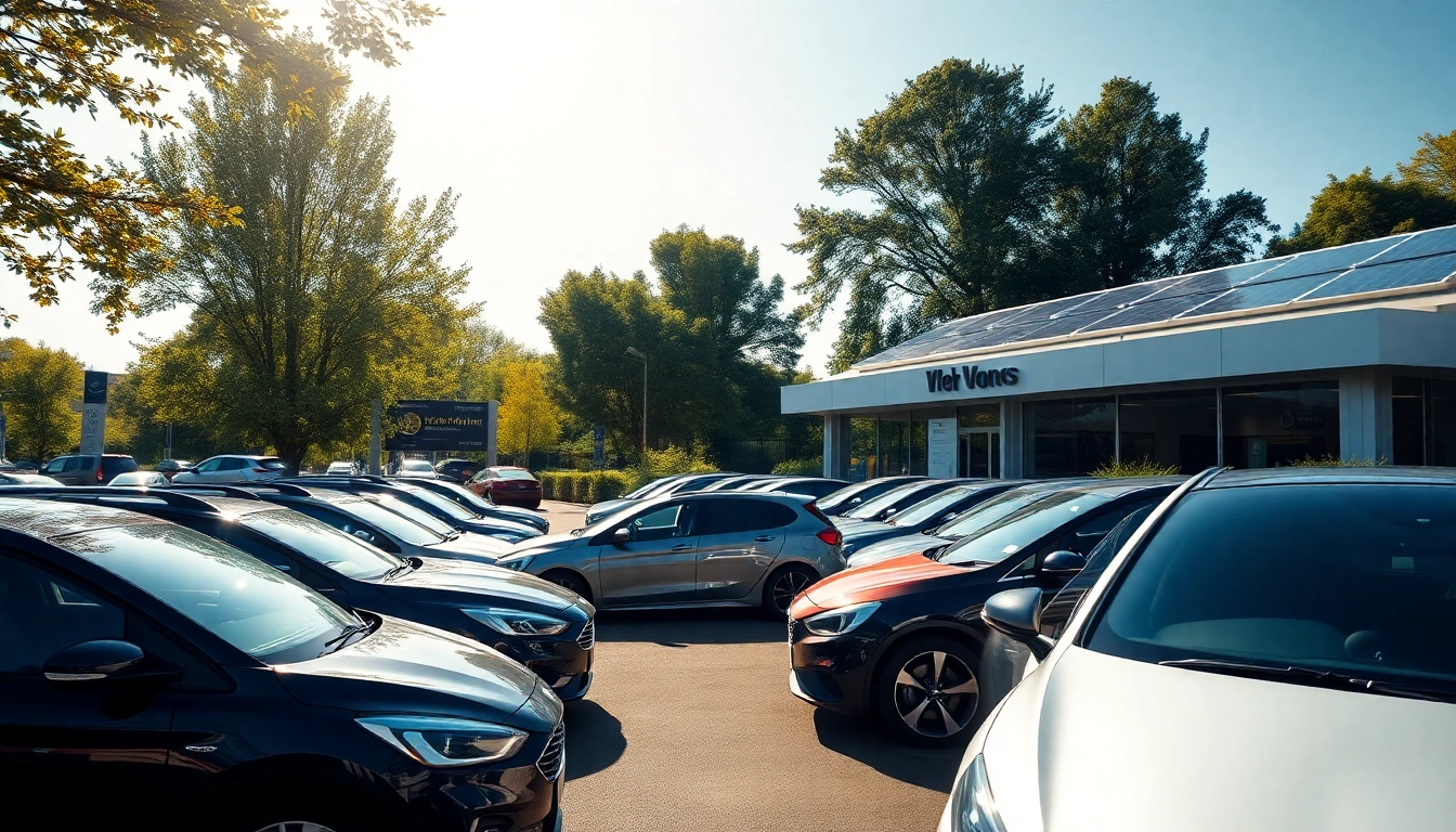 Egham car dealership showcasing a variety of sleek vehicles under vibrant sunlight.