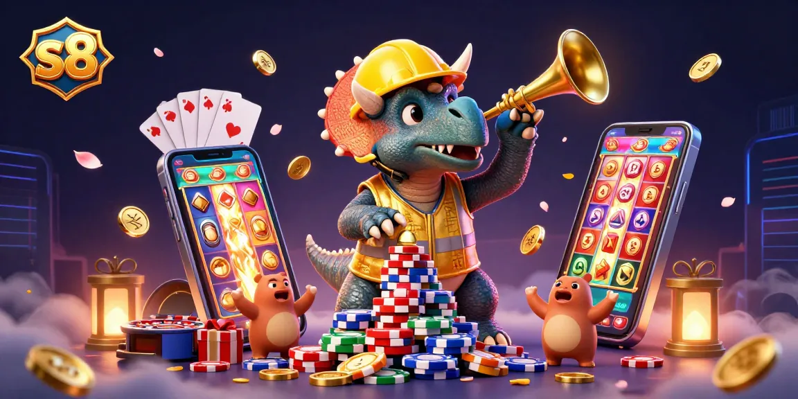 S8 players spinning slot reels and celebrating wins with colorful 3D characters in a vibrant casino scene.