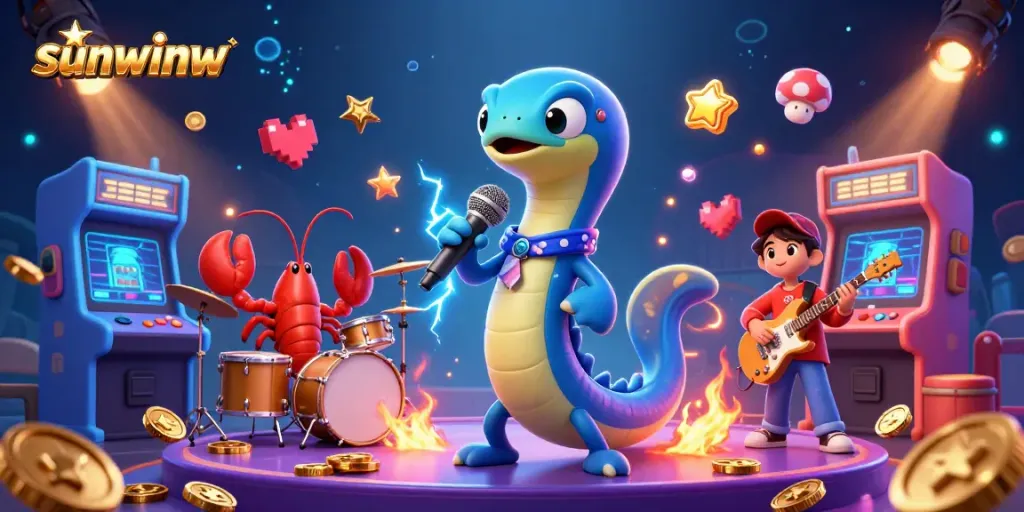 Engage with sunwinw's vibrant underwater casino scene featuring a DJ electric eel and dynamic gaming elements.