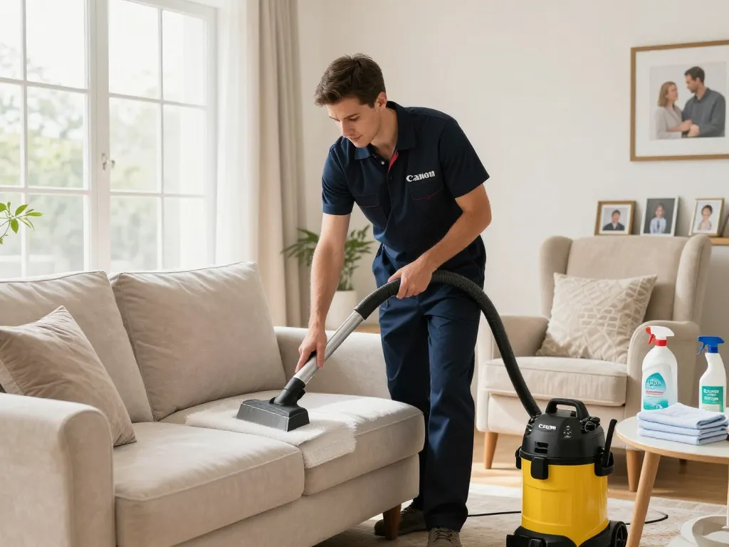Upholstery cleaning technician at work, highlighting professional sofa cleaning services in Sutton Coldfield, enhancing home comfort.