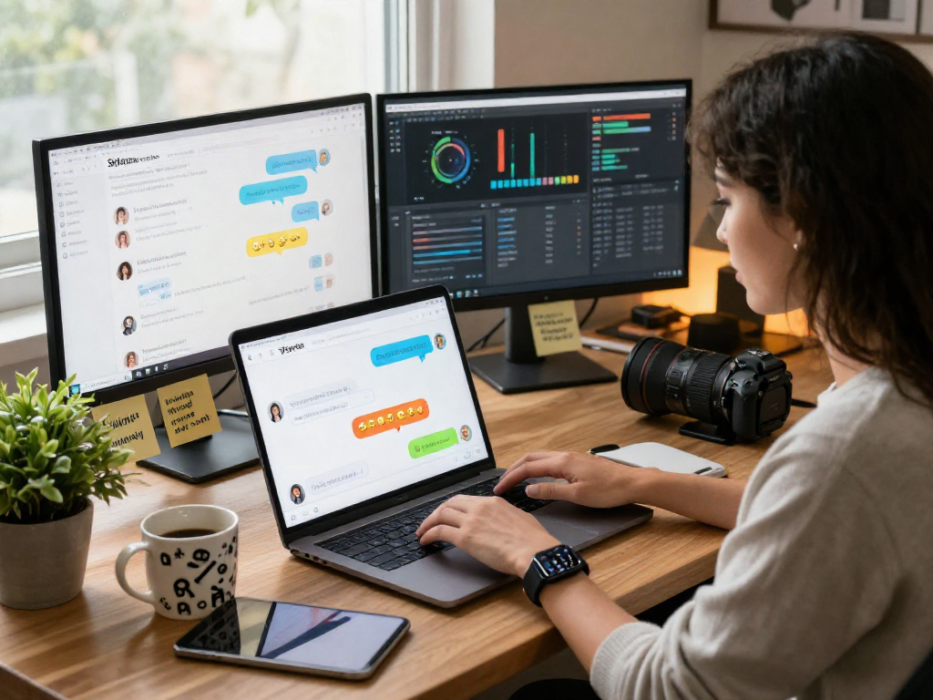 Interactive discussion on spicychat in a cozy tech workspace featuring chat bubbles and engagement metrics.