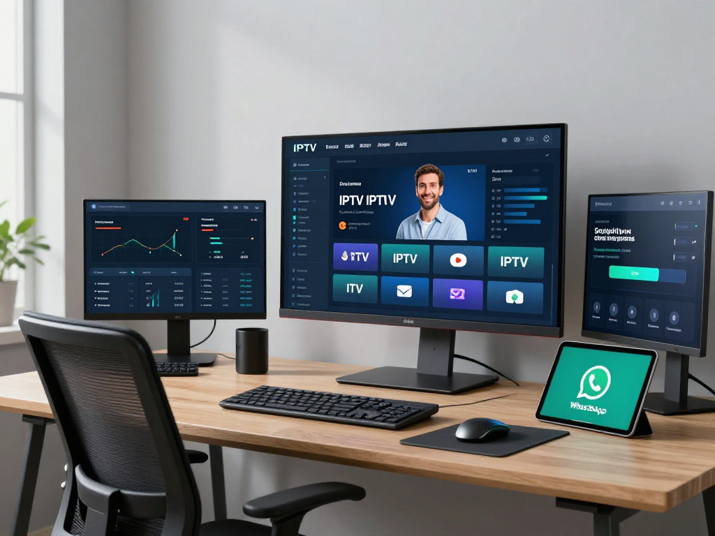IPTV reseller panel dashboard in a modern tech workspace, showcasing innovative software development and cloud computing solutions.