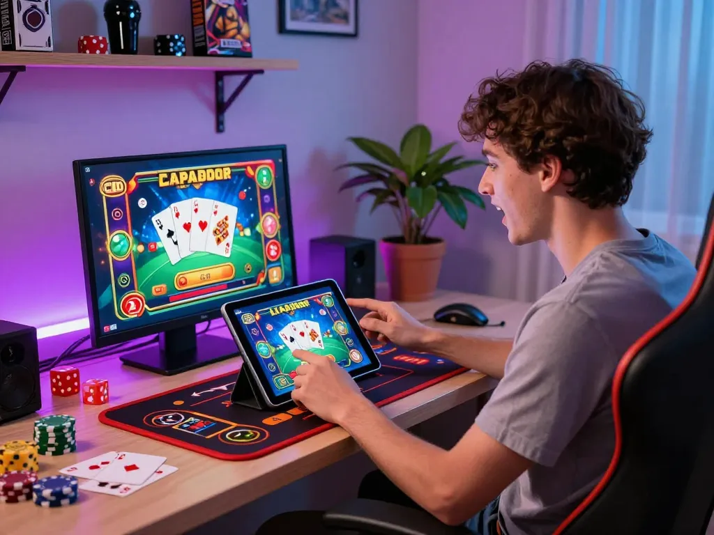 A user playing nk88 casino game on tablet in vibrant gaming setup.