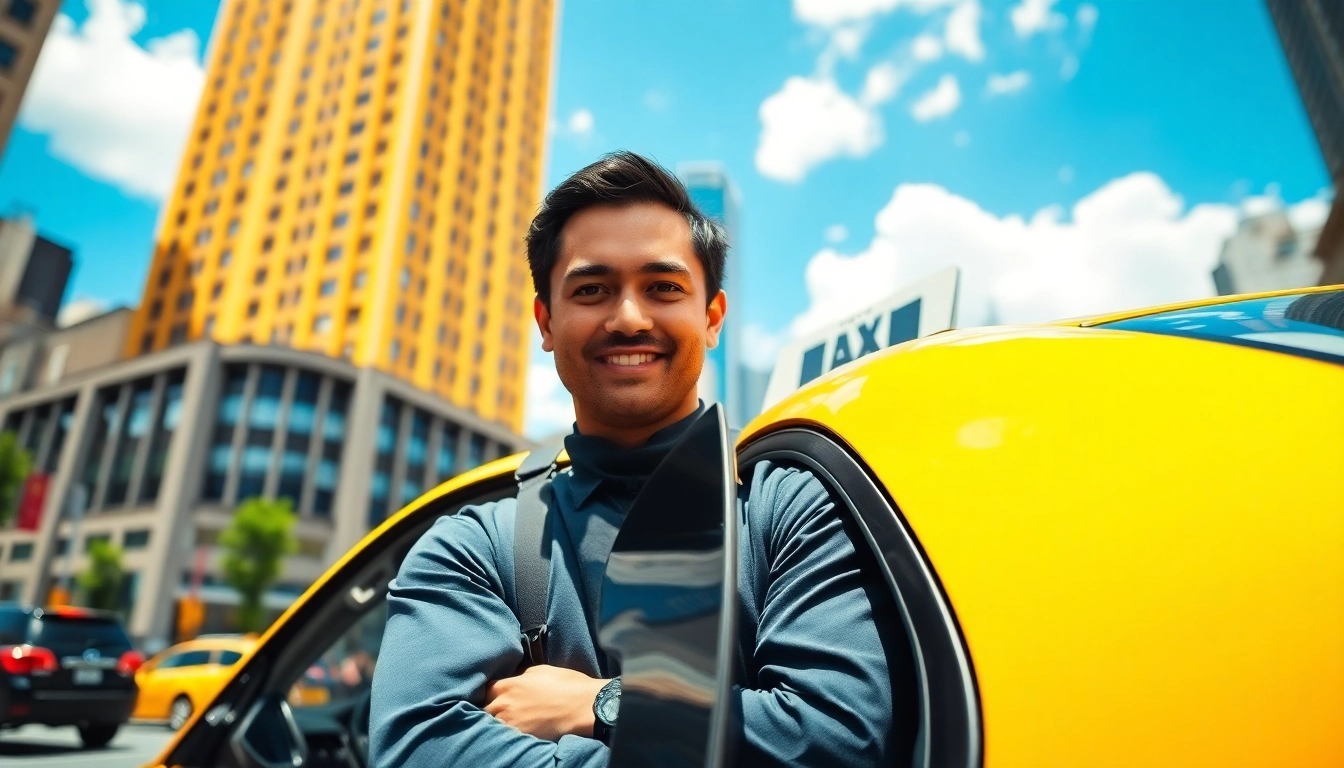 Cabs waiting for passengers with a friendly driver inviting them inside on a busy urban street.