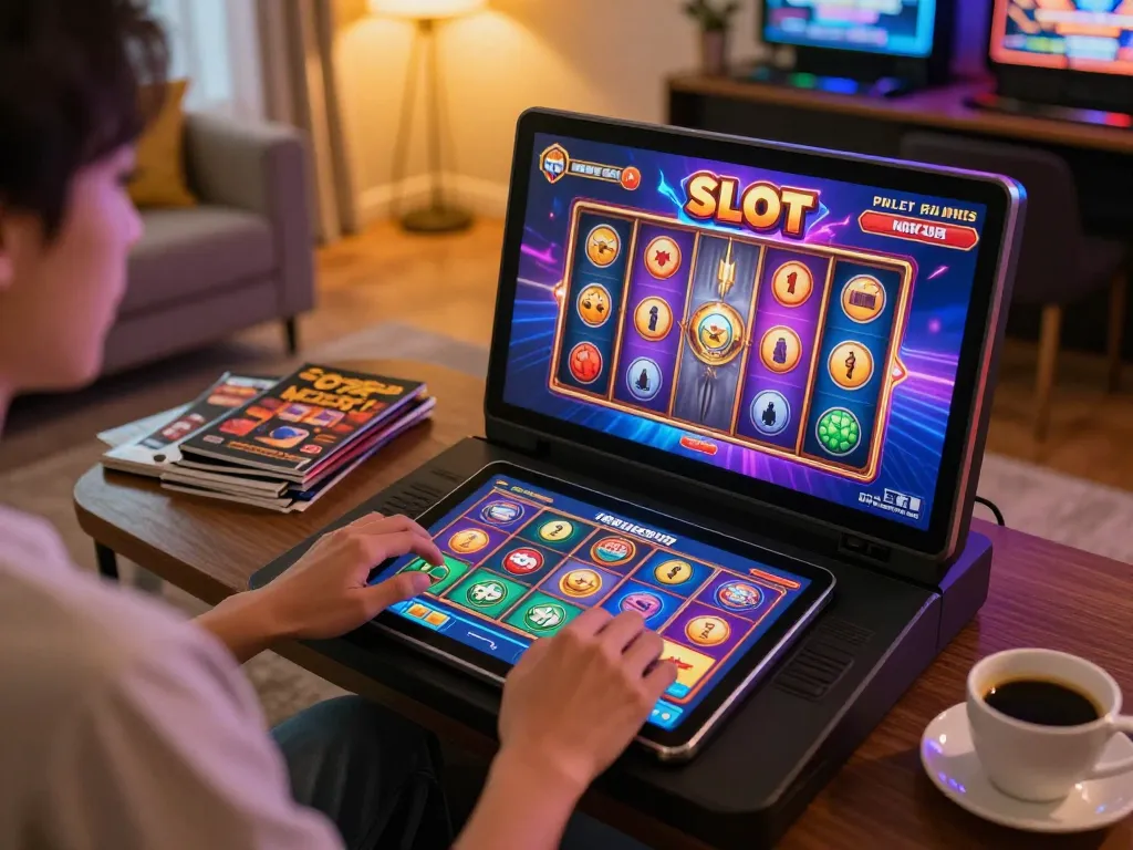 Engaging with Slot Malaysia games on tablet in a cozy living room setting