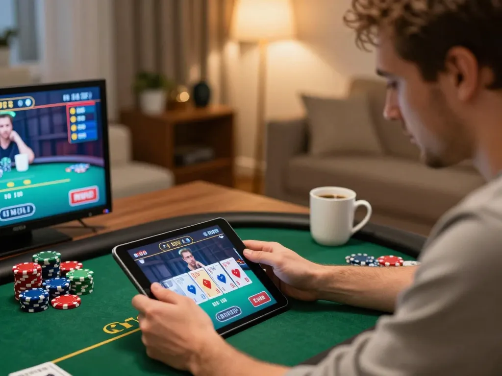 Player strategizing in the go89 online poker game with a tablet and chips at home